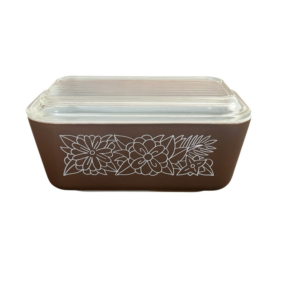 Vintage Pyrex‎ Refrigerator Dish Woodland Brown Flower Fridgie 502 With Lid